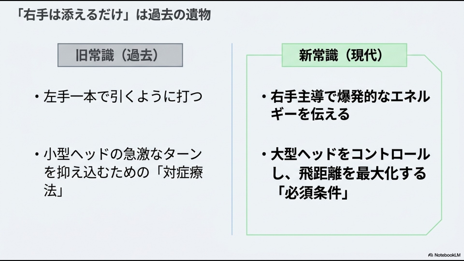 旧常識と新常識の比較。右手は添えるだけは過去の遺物であり、現代は右手主導で大型ヘッドをコントロールすることが必須。