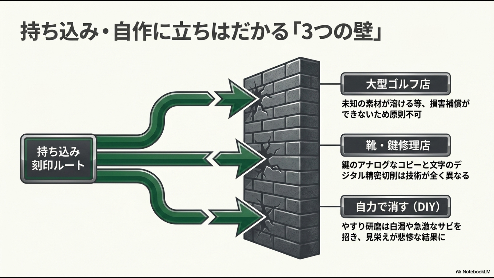 大型ゴルフ店、靴・鍵修理店、自力で消すDIYという、持ち込み刻印に立ちはだかる3つの壁を示す図