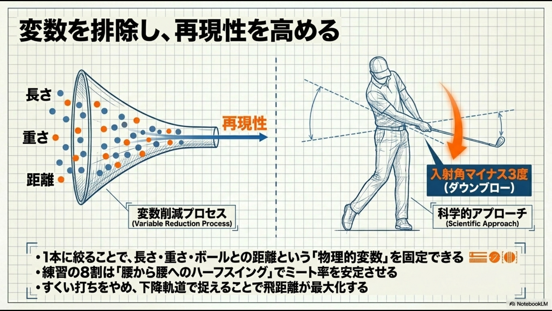 クラブ本数を絞ることで長さや重さの変数を排除するプロセスと、ダウンブロー入射角の解説図