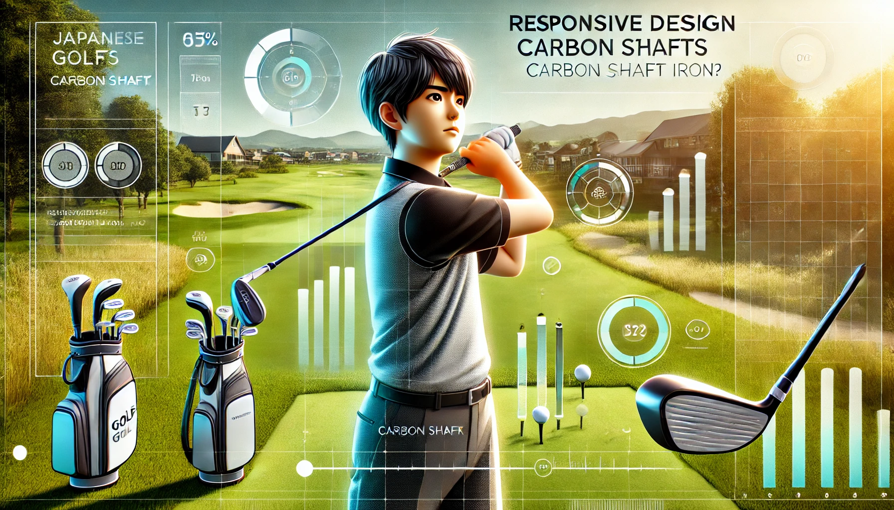 A-high-quality-responsive-design-illustration-showing-a-young-Japanese-golfer-testing-a-carbon-shaft-iron-on-a-golf-course.-The-golfer-is-analyzing-th.webp