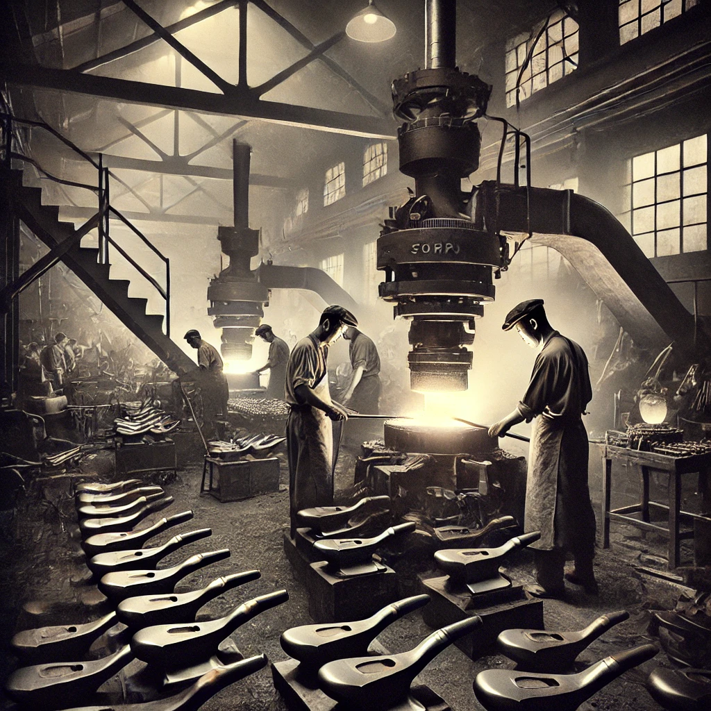 A-vintage-black-and-white-photo-inspired-image-of-a-Japanese-metal-forging-factory-from-the-1960s-showing-skilled-workers-crafting-golf-iron-heads-wi.webp