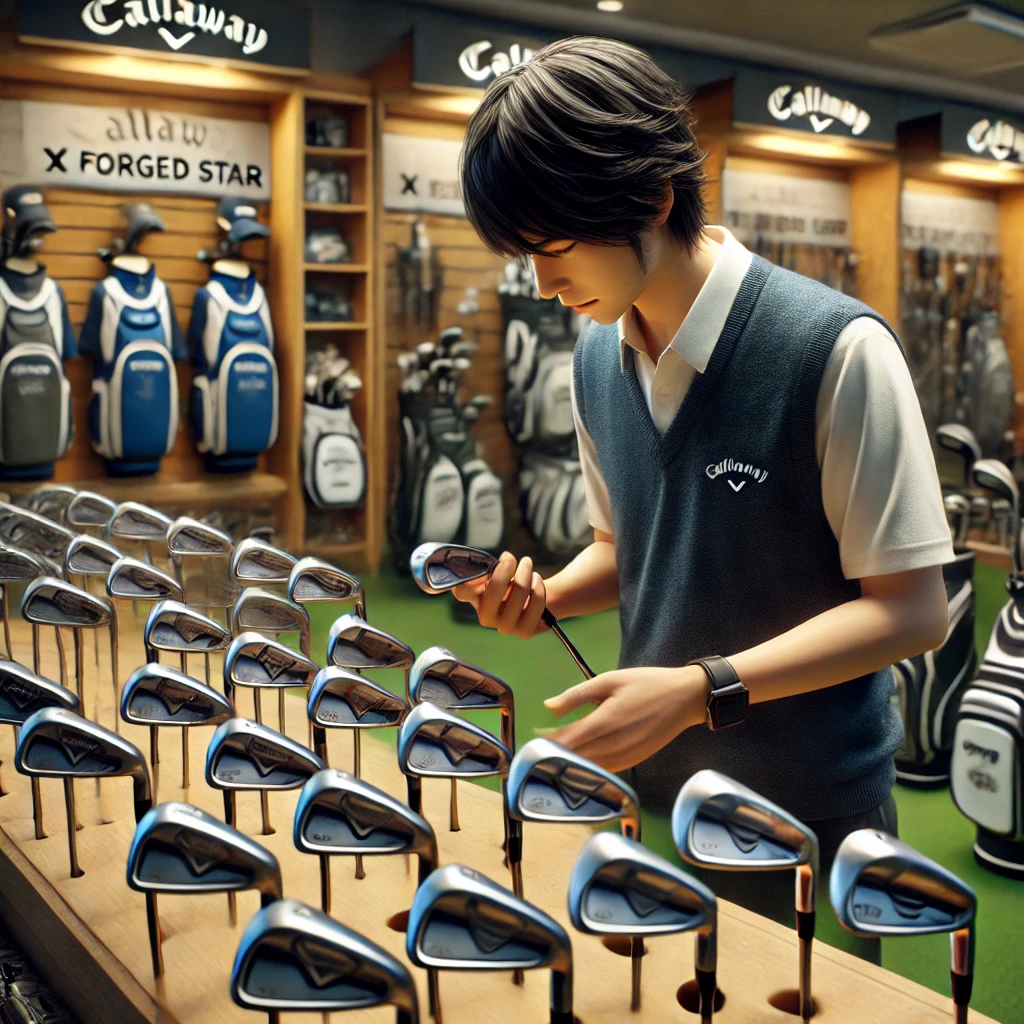 A-realistic-image-depicting-a-Japanese-golfer-browsing-through-a-selection-of-used-Callaway-X-Forged-Star-irons-at-a-golf-equipment-store.-The-golfer-.webp