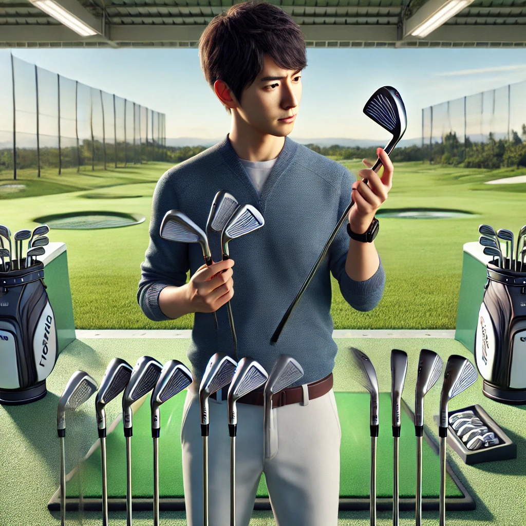 A-high-quality-realistic-illustration-of-a-Japanese-golfer-comparing-different-golf-irons-on-a-practice-range.-The-golfer-is-holding-multiple-irons-.webp
