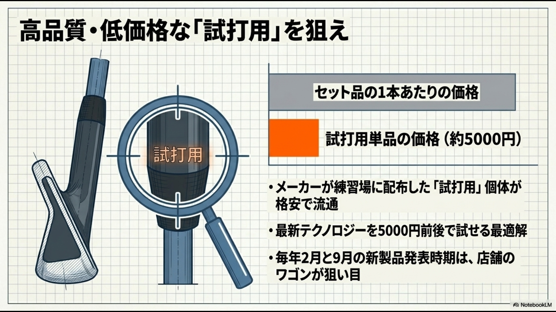 メーカー試打用クラブが格安で流通している理由と、セット品1本あたりの価格との比較グラフ