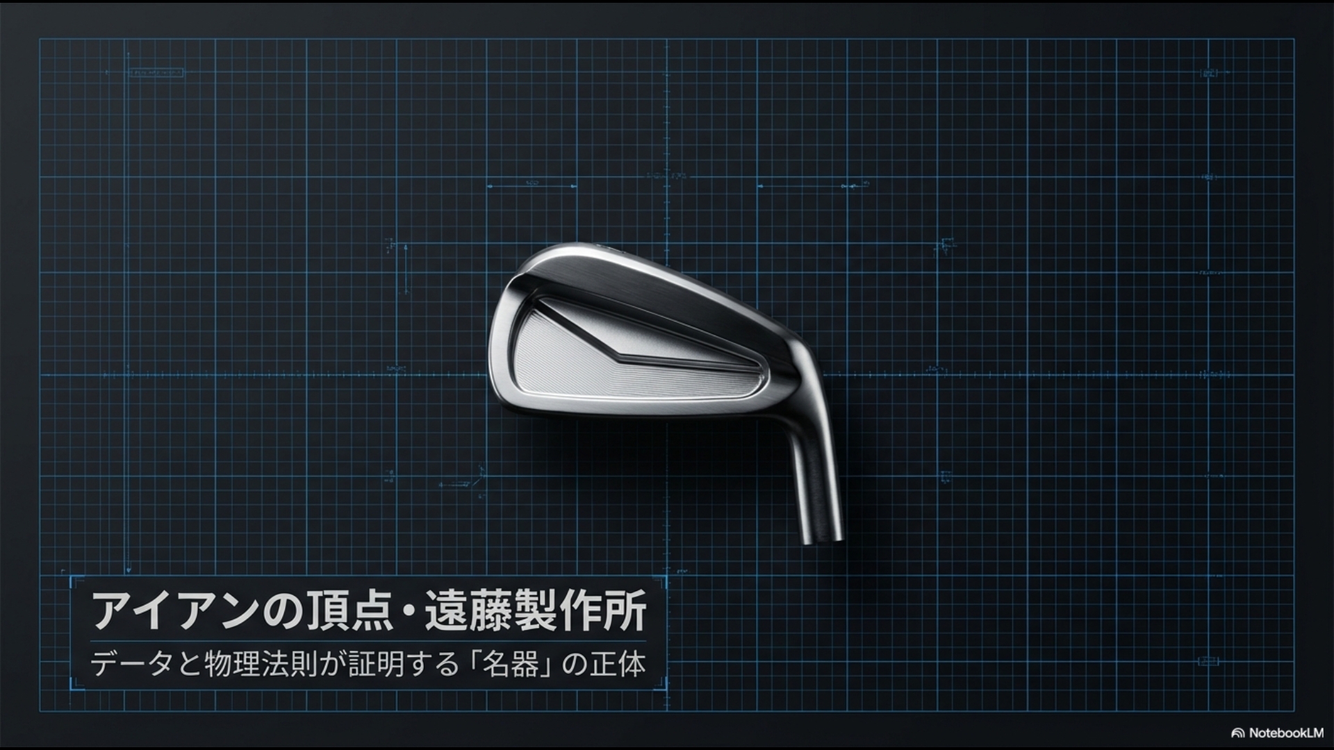 遠藤製作所のアイアンヘッドが設計図の上に置かれた、データと物理法則による分析を象徴するメインビジュアル