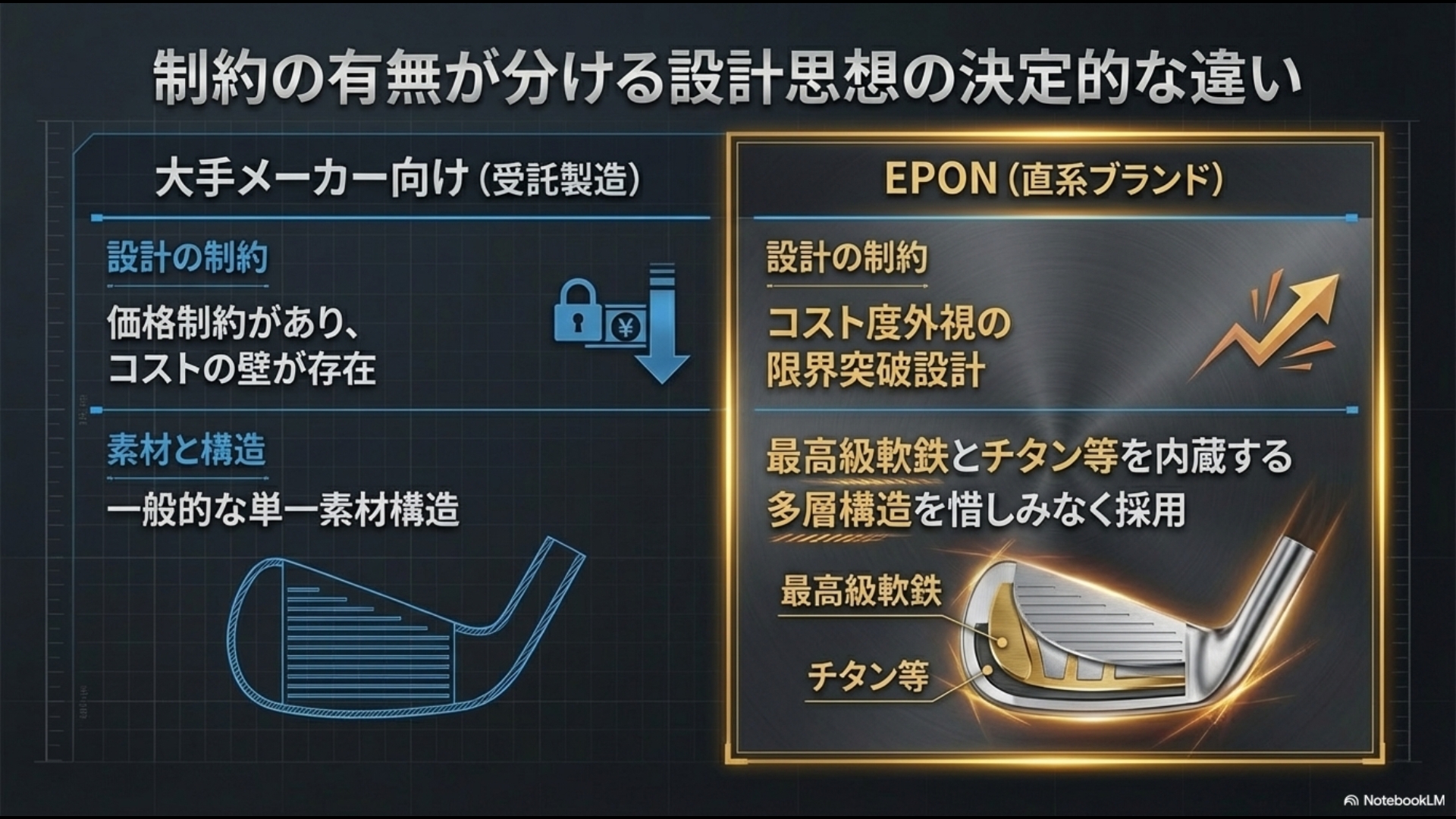 コスト制約のある大手OEM品と、最高級素材や多層構造を惜しみなく採用するEPONの設計思想を比較した構造図