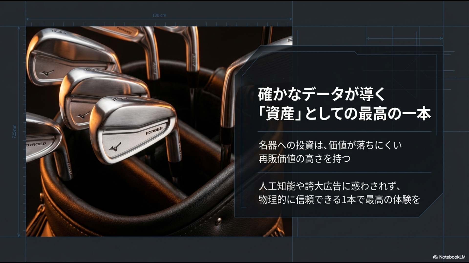 キャディバッグに収まった高品質な鍛造アイアンと、再販価値の高さや物理的信頼を強調する記事の総括ビジュアル
