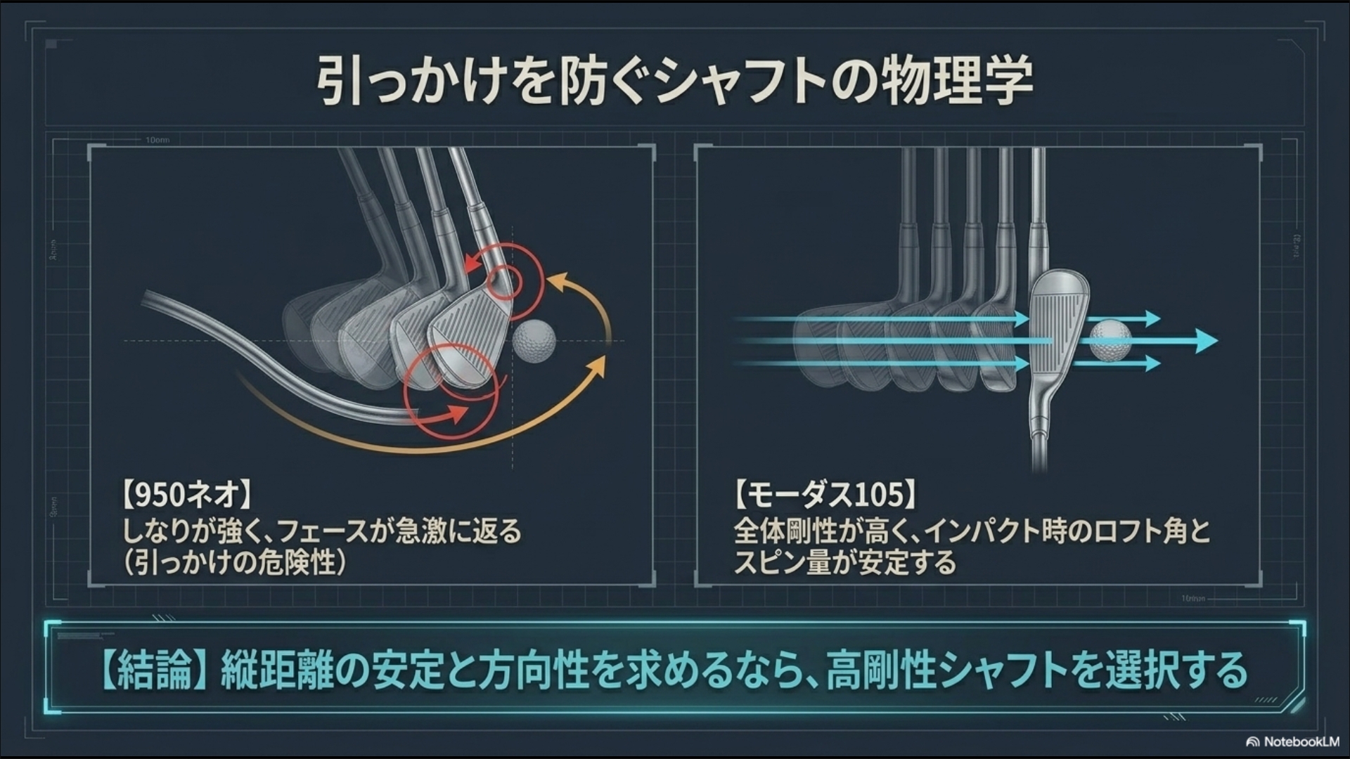 950ネオの急激なフェースの返りと、高剛性なモーダス105の安定したインパクト挙動を比較したシャフト物理学の図