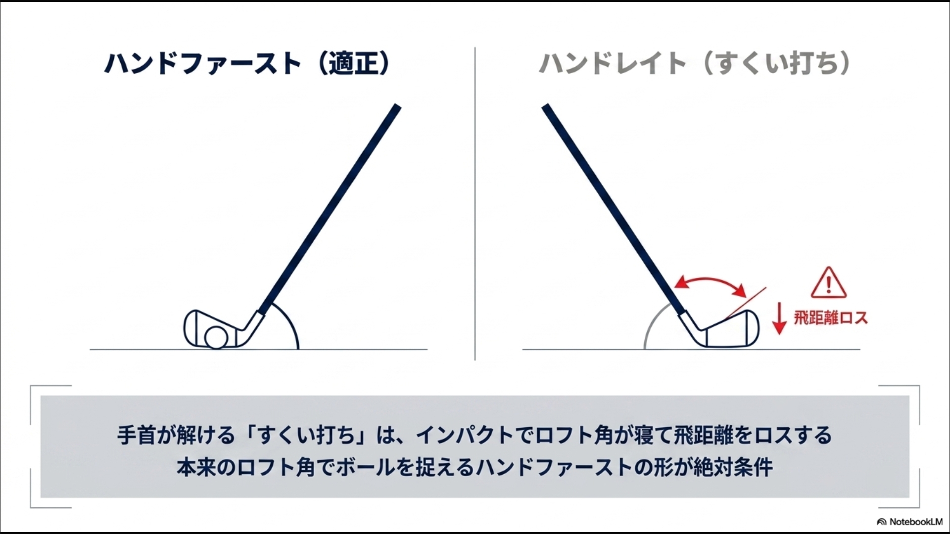適正なハンドファーストと、手首が解けて飛距離をロスするすくい打ち(ハンドレイト)のインパクトの違いを示す図解