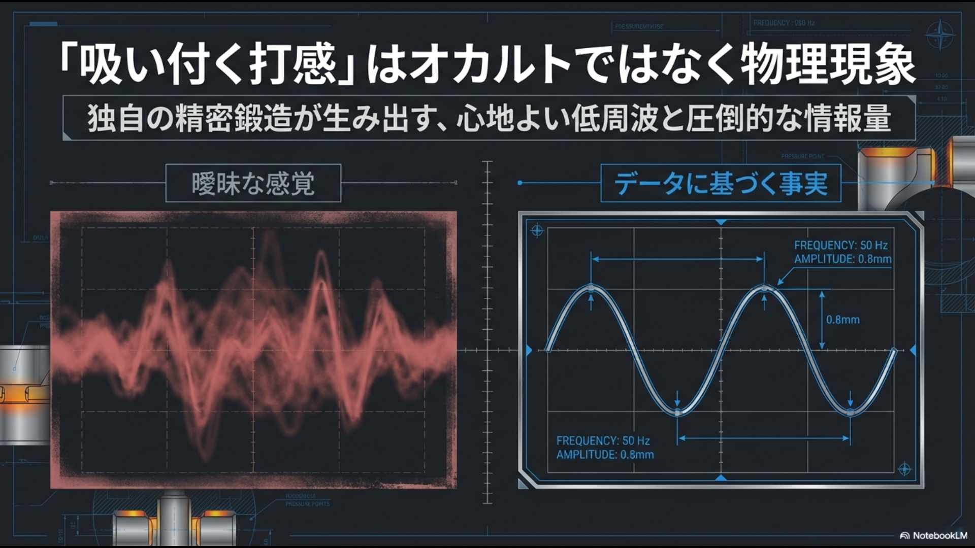 曖昧な感覚としての打感と、周波数・振幅データに基づく物理的事実としての打感を比較した解析グラフ