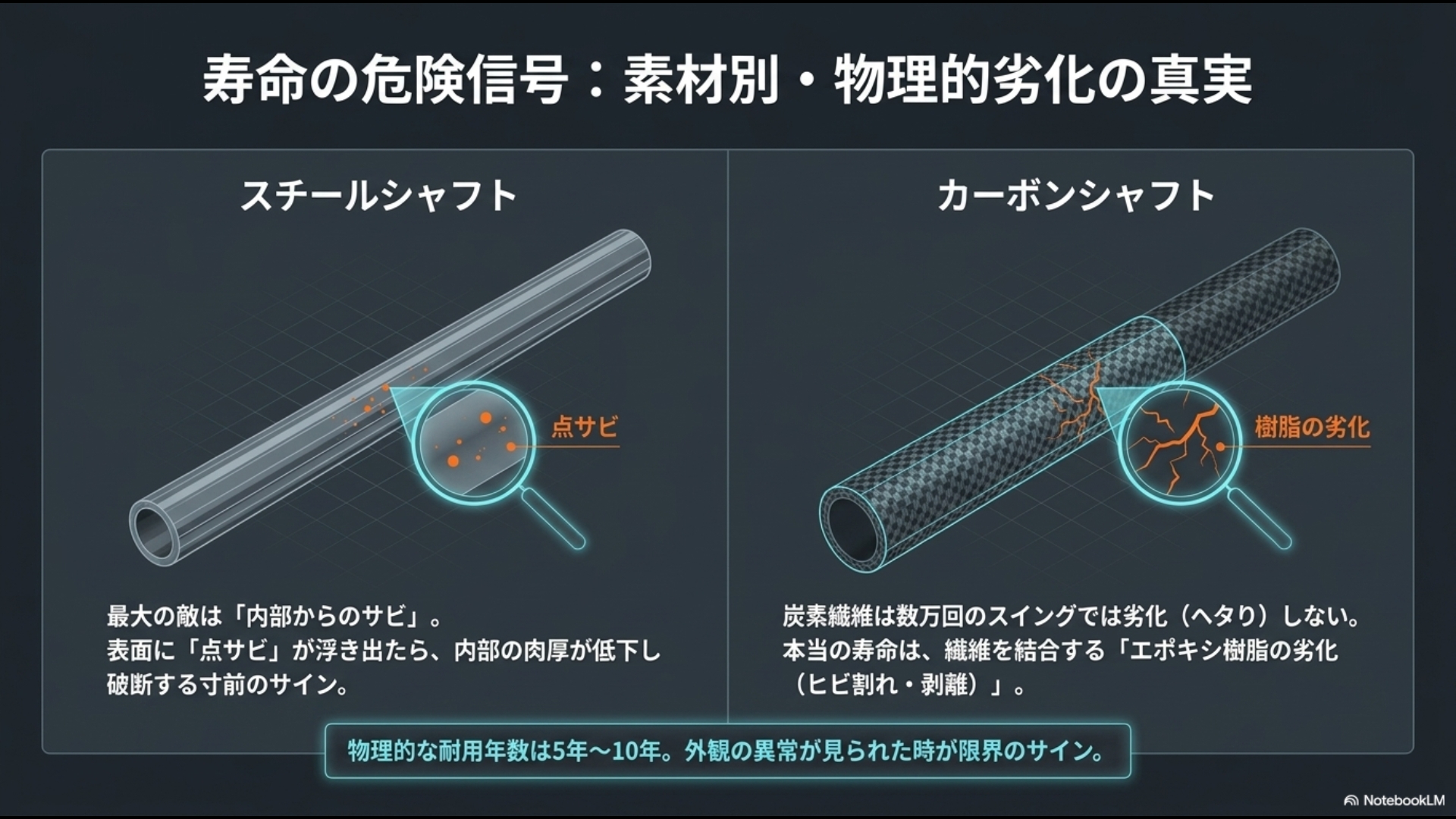 スチールシャフトの点サビとカーボンシャフトのエポキシ樹脂劣化という、素材別の物理的劣化の真実と寿命のサインを図解