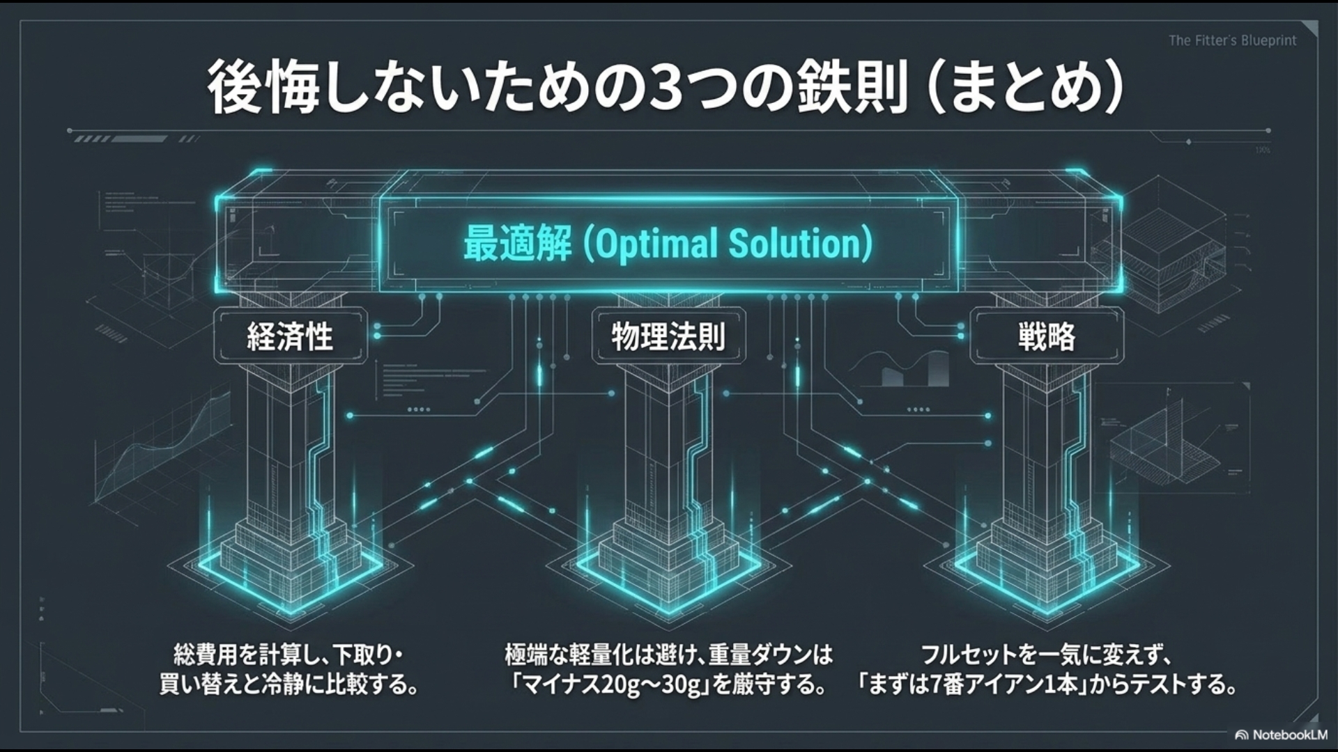経済性、物理法則、戦略という、アイアンのシャフト交換で後悔しないための3つの最適解をまとめた図解
