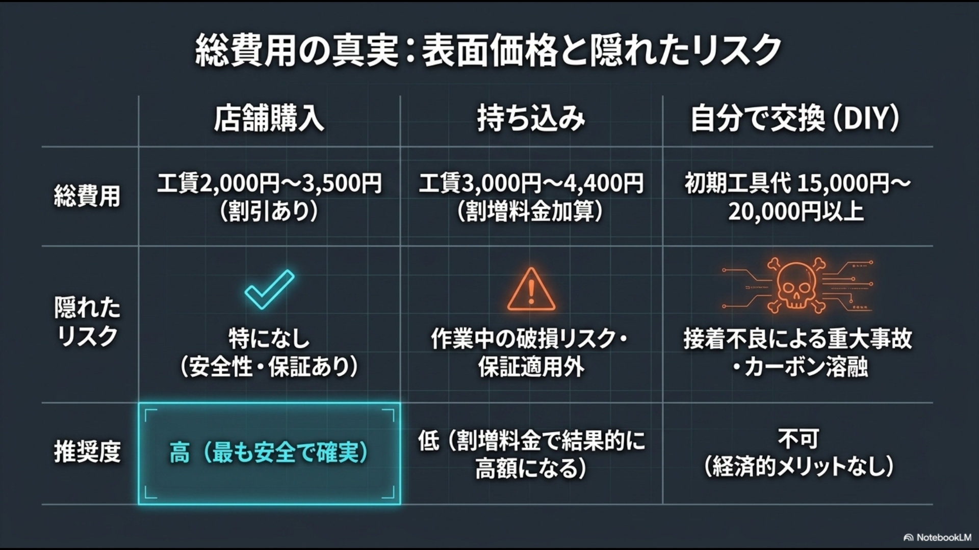 店舗購入、持ち込み、自分で交換（DIY）の3パターンにおけるアイアンシャフト交換の総費用と隠れたリスクの比較表