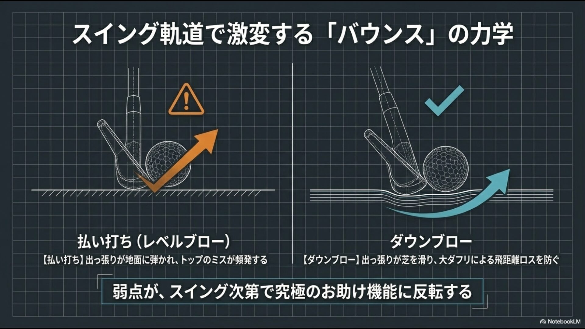 払い打ちではバウンスが弾かれトップしやすく、ダウンブローではバウンスが滑りダフリを防ぐというスイング軌道による違いの図解