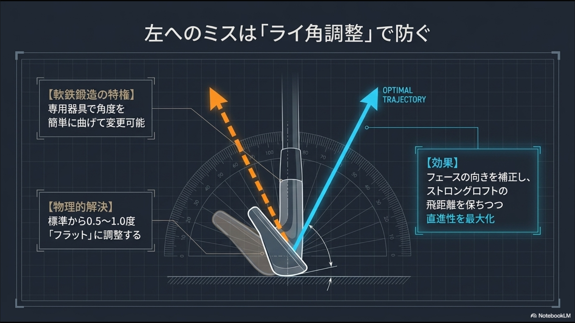 ライ角を標準から0.5〜1.0度フラットに調整することで、ストロングロフトの飛距離を保ちつつ方向性を改善する物理的解決策