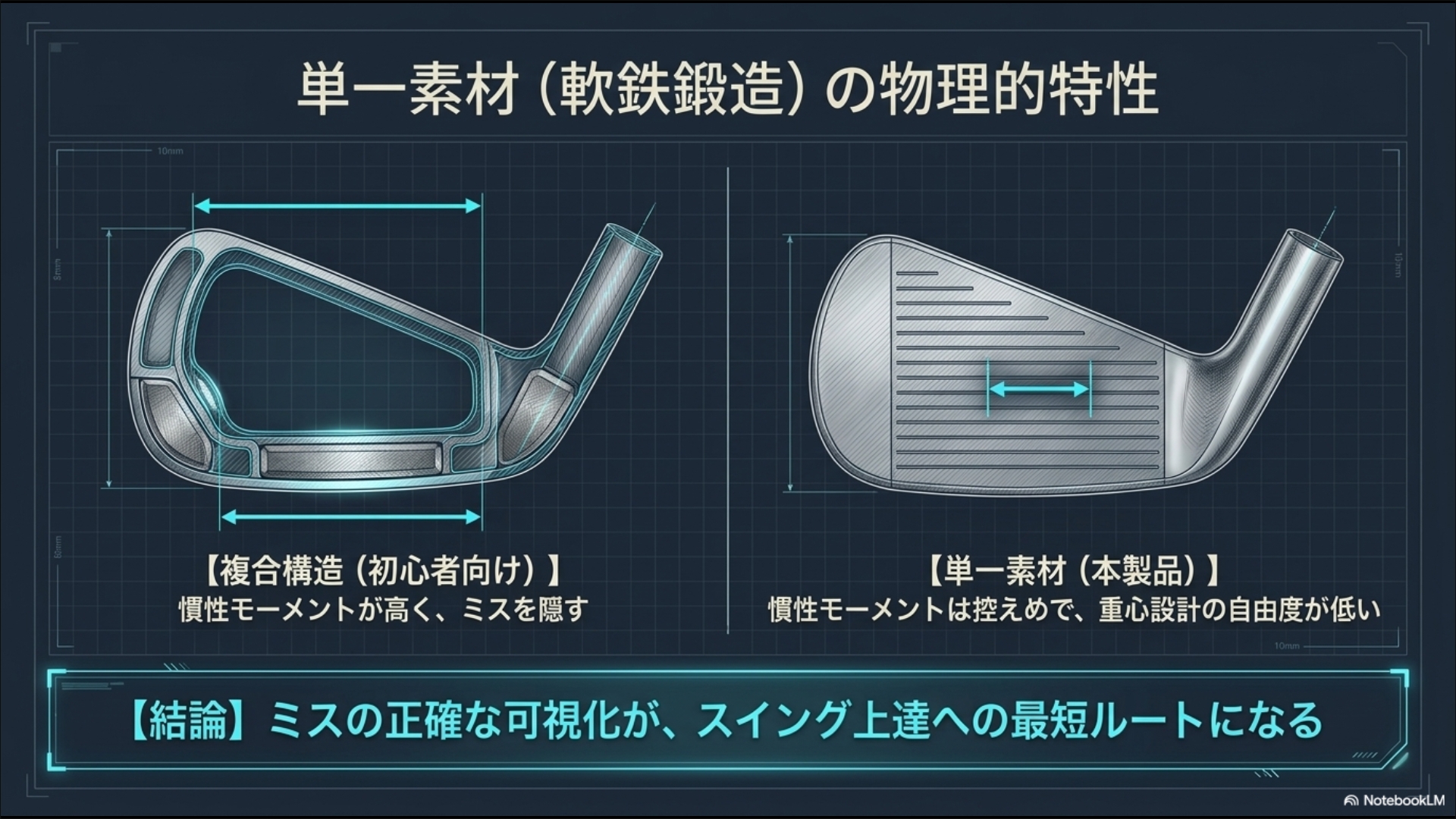 初心者向けの複合構造アイアンと本製品の軟鉄鍛造1ピース構造における慣性モーメントと重心設計の違いを比較した図