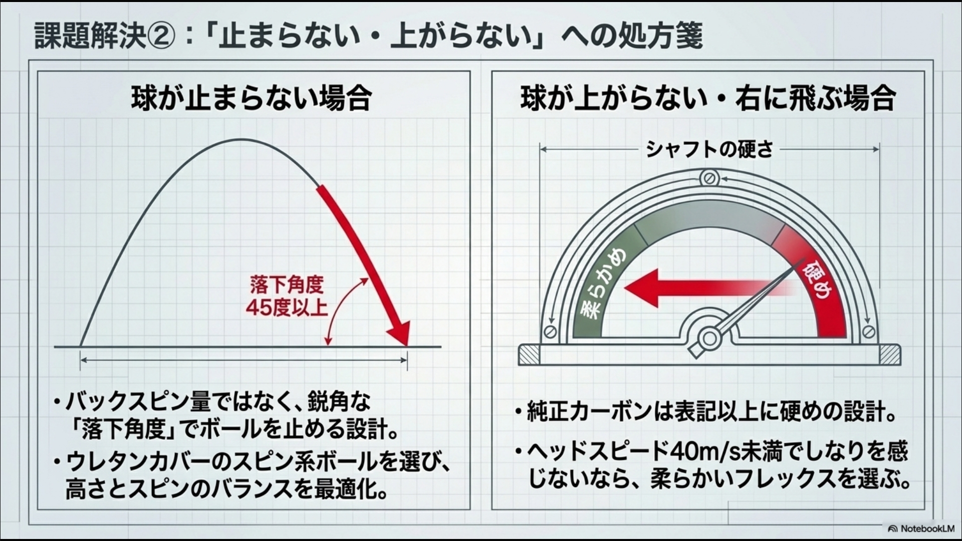 落下角度45度以上で止める設計の図解と、ヘッドスピードに合わせたシャフトフレックス選択の重要性を示すメーター図。
