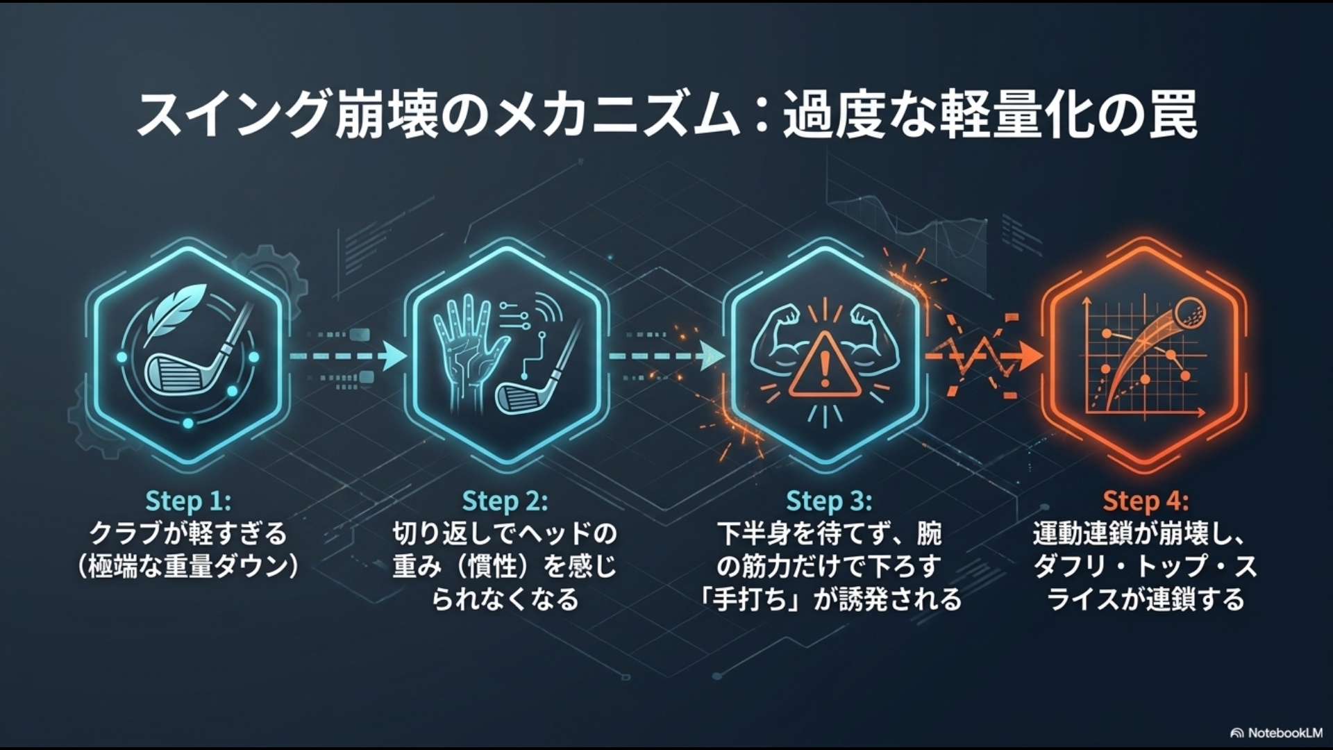 クラブが軽すぎることで手打ちが誘発され、運動連鎖が崩壊してミスが連鎖するスイング崩壊の4ステップを図解