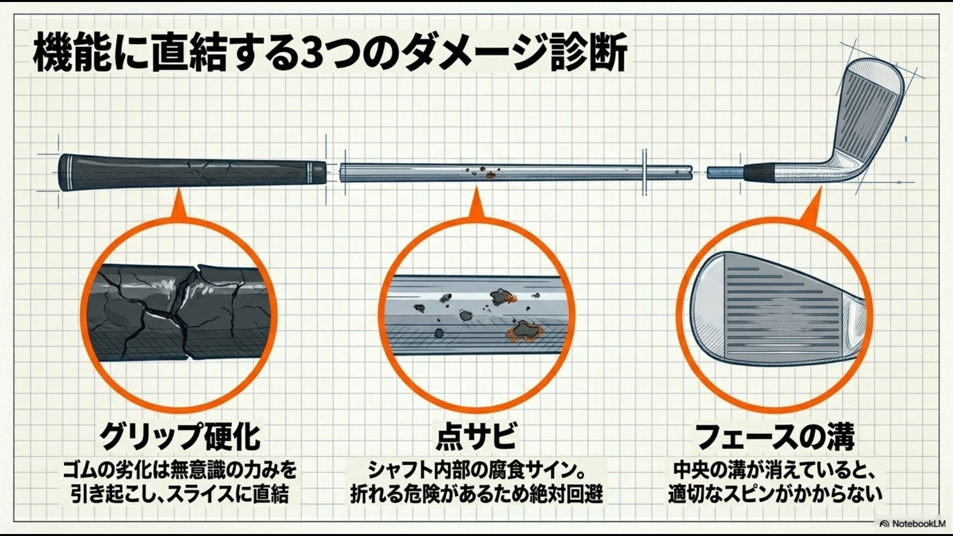グリップの硬化、シャフトの点サビ、フェースの溝の摩耗をチェックする中古クラブ診断図