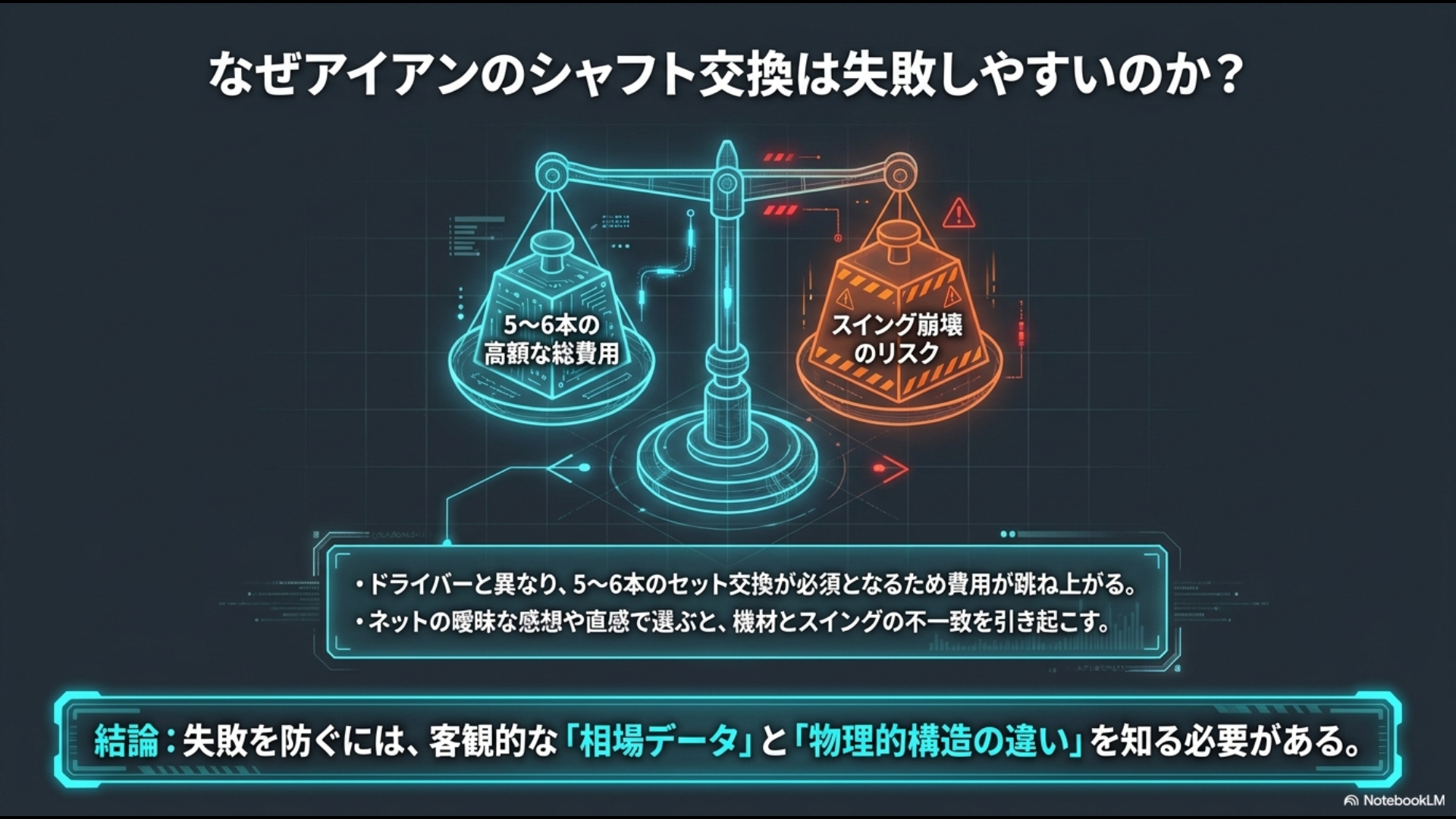 5から6本の高額な総費用とスイング崩壊のリスクを天秤にかけ、アイアンのシャフト交換が失敗しやすい理由を図解したスライド