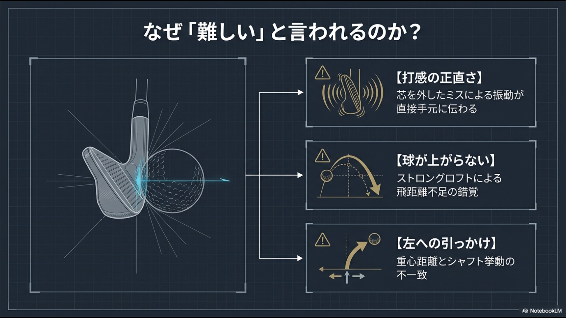 打感の正直さ、球が上がらない現象、左への引っ掛けという、ユーザーが直面する難しさの原因を可視化した図解