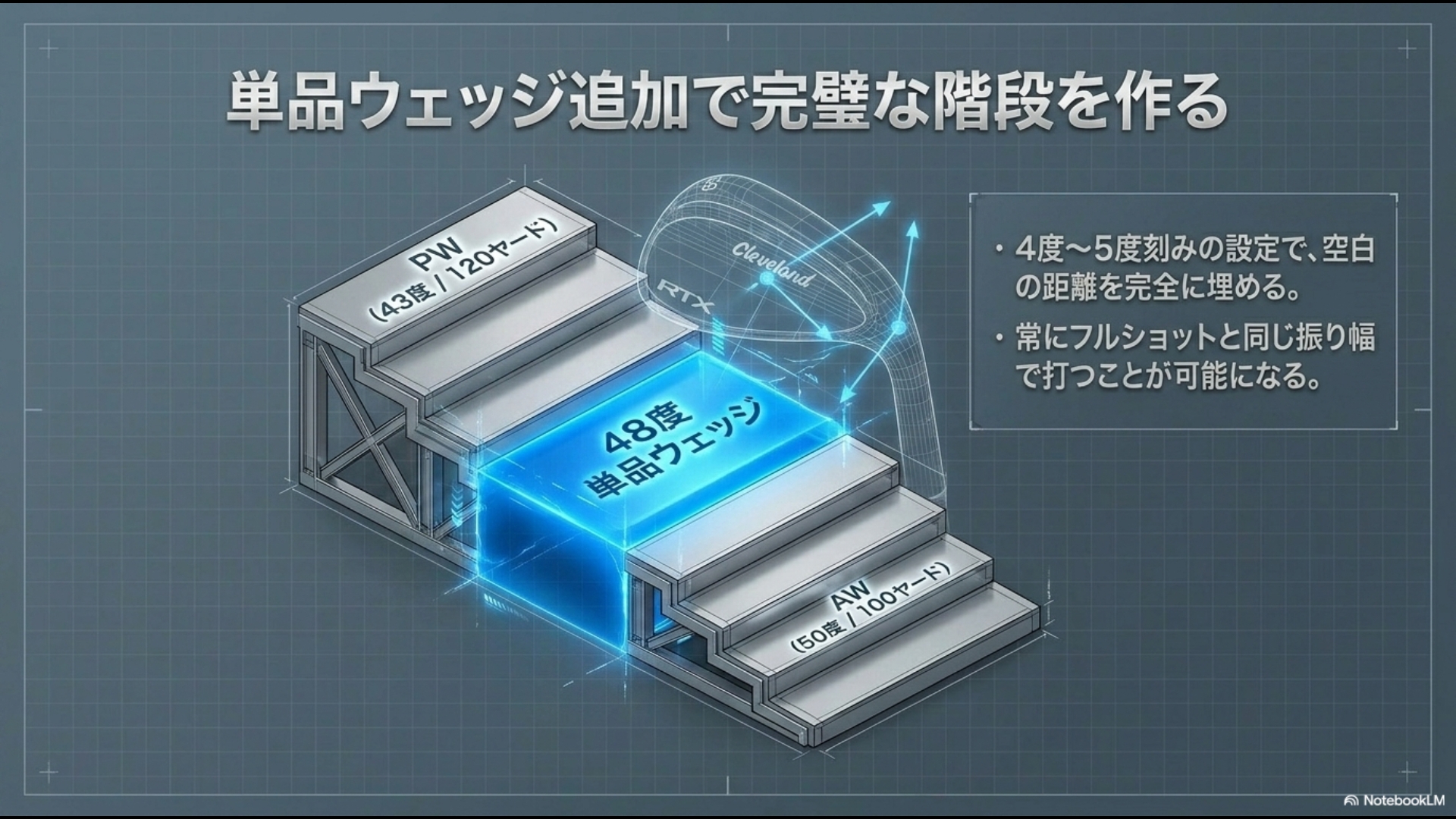 PWとAWの空白の距離を埋めるため、48度の単品ウェッジ(クリーブランドRTXなど)を追加し4〜5度刻みの階段を作る図解