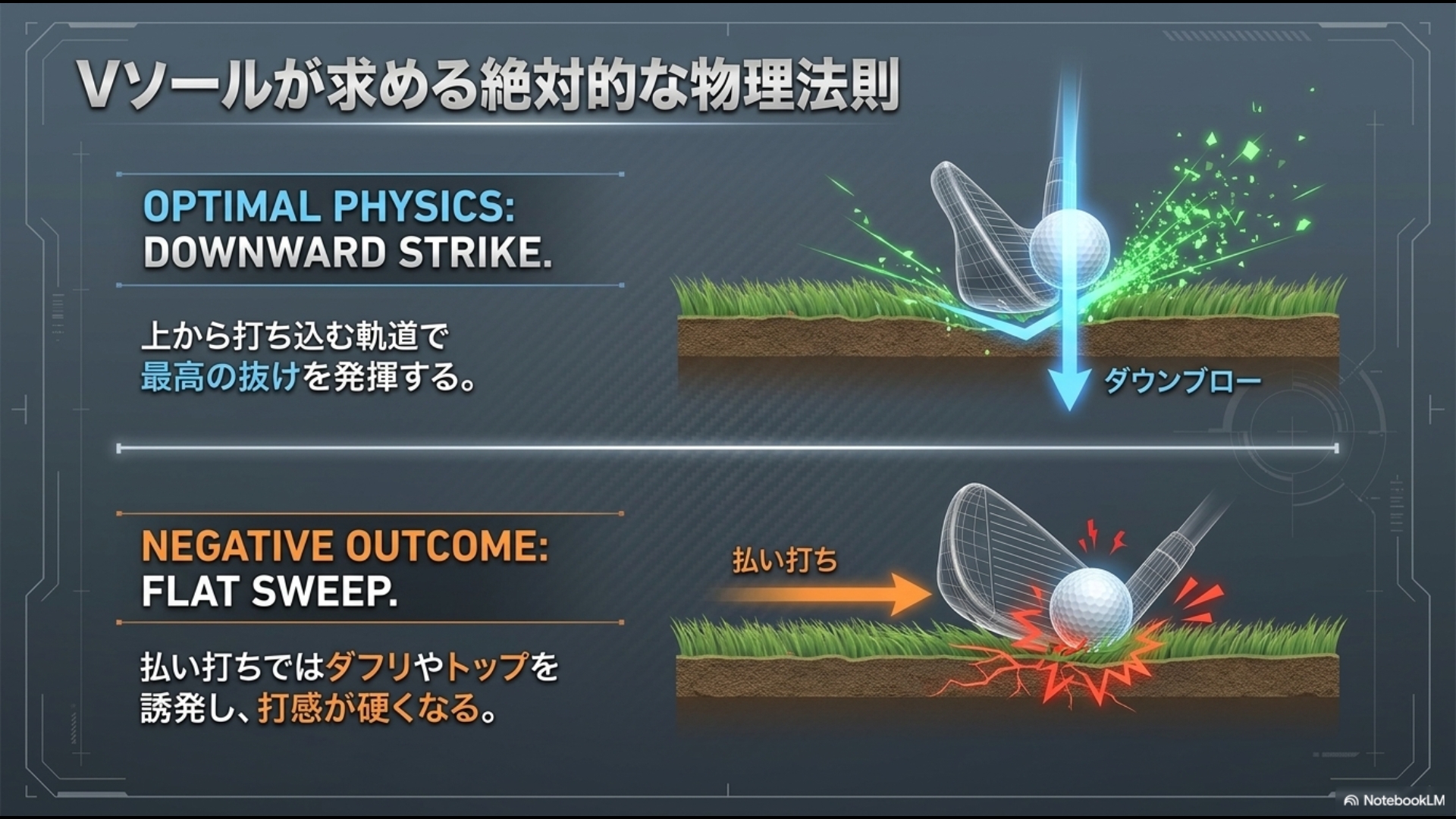 ゼクシオエックスのVソールにおけるダウンブローでの高い抜けと、払い打ちでのダフリ・トップのリスクを示す図