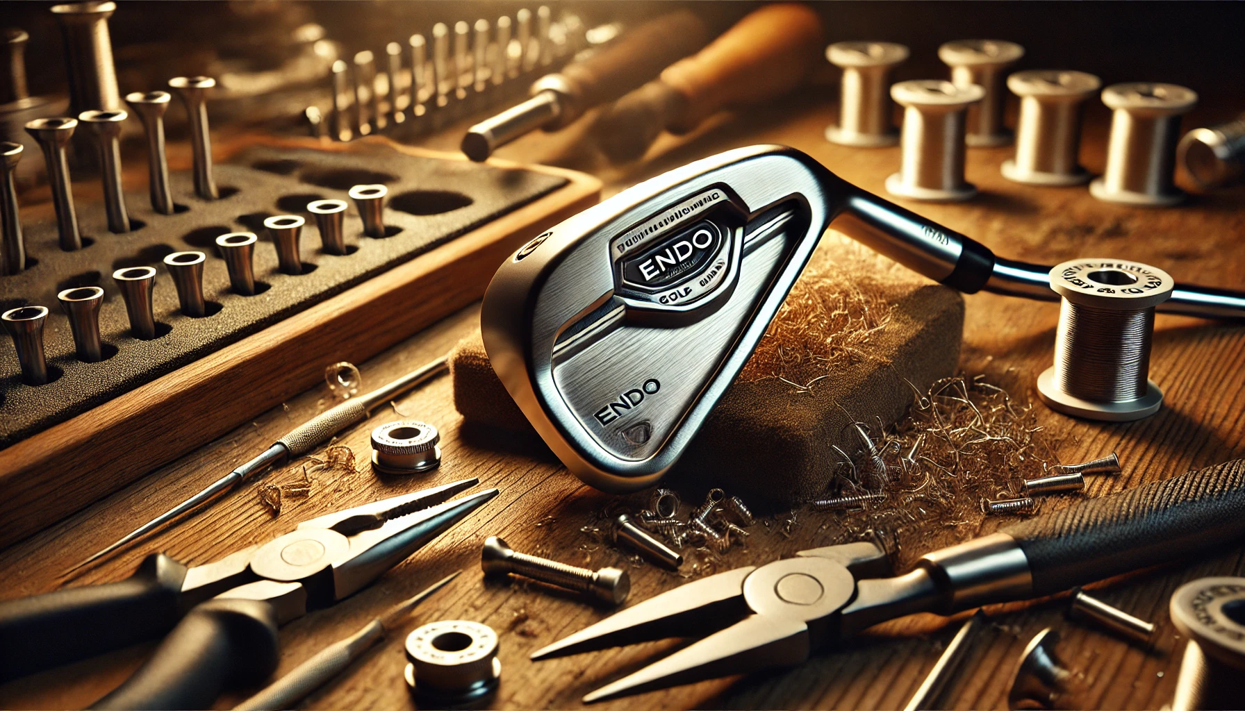 A-close-up-shot-of-a-premium-Endo-Manufacturing-golf-iron-placed-on-a-wooden-workbench-in-a-golf-club-workshop.-The-iron-is-surrounded-by-precision-to.webp