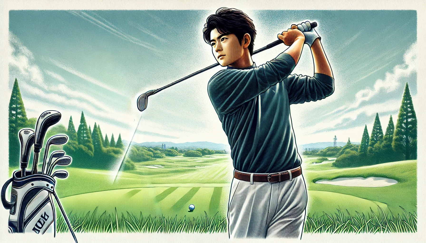 A-scenic-golf-illustration-depicting-an-empty-golf-course-focusing-on-the-details-of-a-professional-iron-shot.-The-lush-green-fairway-stretches-under-.webp