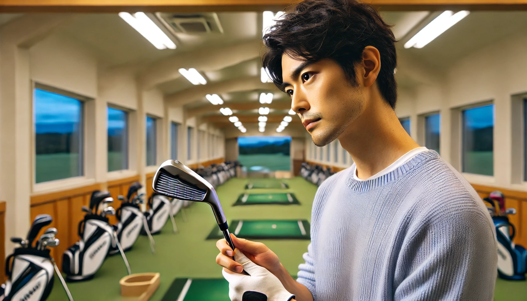 日本人男性が室内でゆっくりクラブをスイングし、手元の鉛テープによるフィーリングの変化を確認している様子。