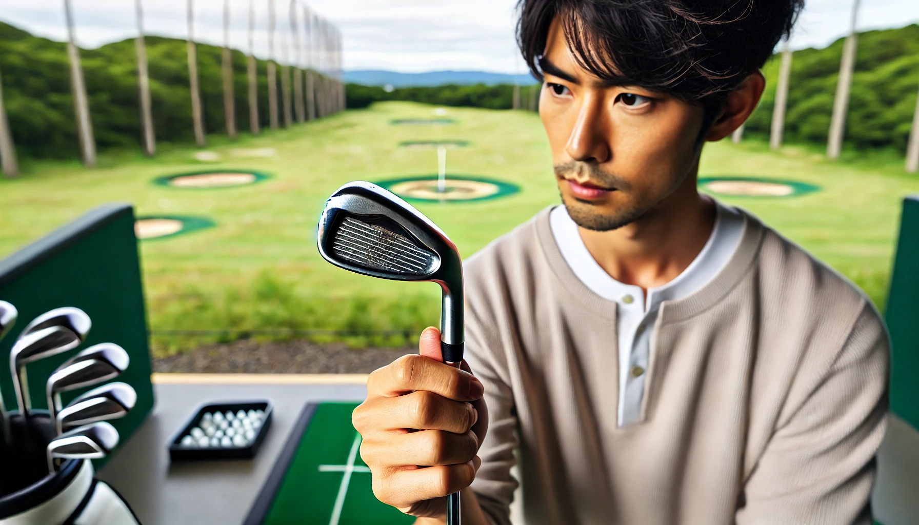 練習場で日本人男性ゴルファーがショット後に弾道を見つめている、アイアンに鉛が貼られている様子。