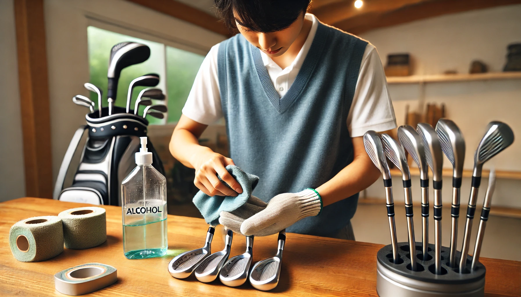 日本人ゴルファーがアイアンのヘッドをアルコールで丁寧に拭き取っている様子。