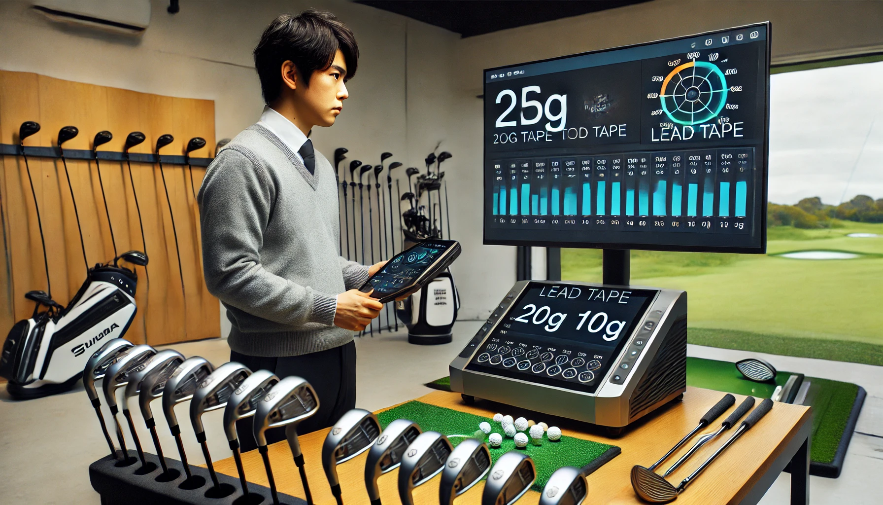 日本人ゴルファーがインドアスタジオで弾道測定データを確認しながら、鉛テープの重量ごとの効果を比較している様子。
