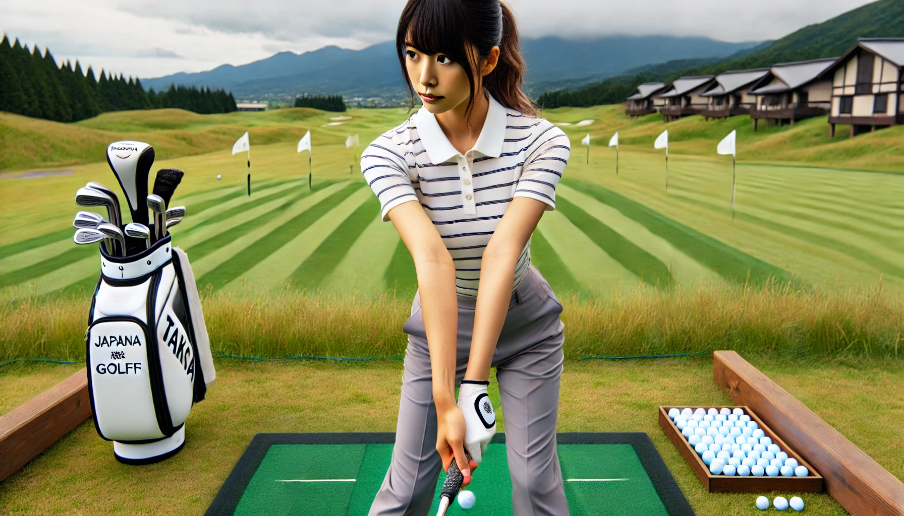 日本人女性ゴルファーが、インパクト時に手元を先行させるハンドファーストの形を確認している様子