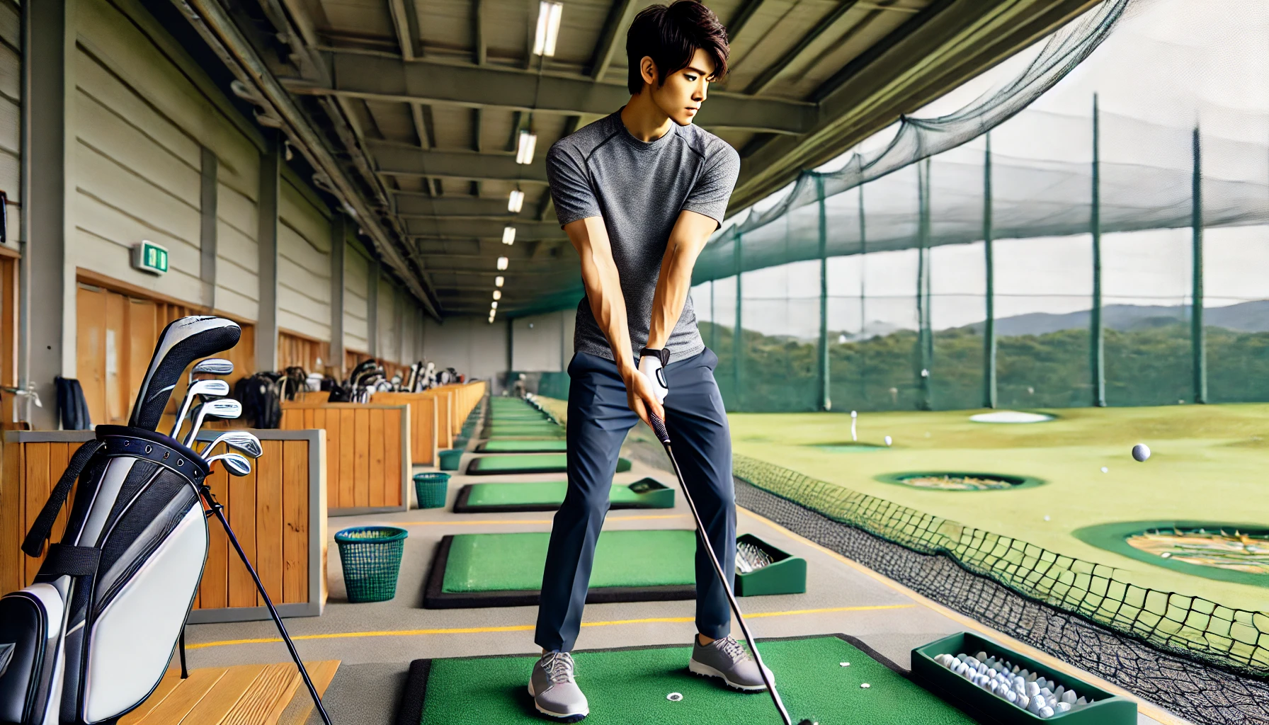 日本人男性ゴルファーが、スプリットハンドドリルでキャスティング矯正に取り組む練習場の様子