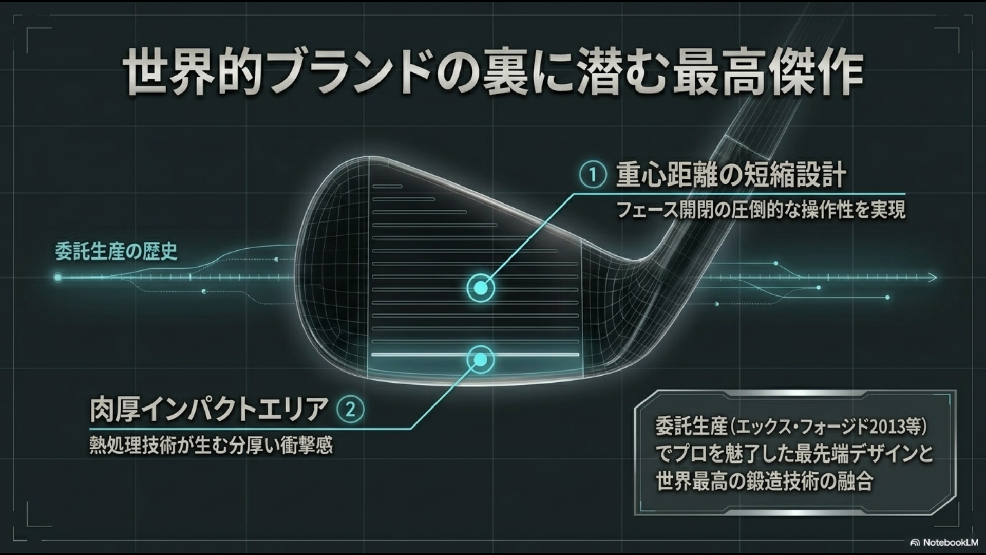 キャロウェイXフォージド2013等のアイアン設計図解。重心距離の短縮設計による操作性と、肉厚インパクトエリアによる衝撃感の向上を解説。