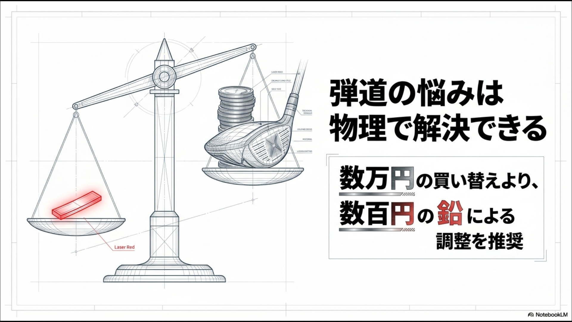 数万円の買い替えより数百円の鉛による調整を推奨する天秤のイラスト