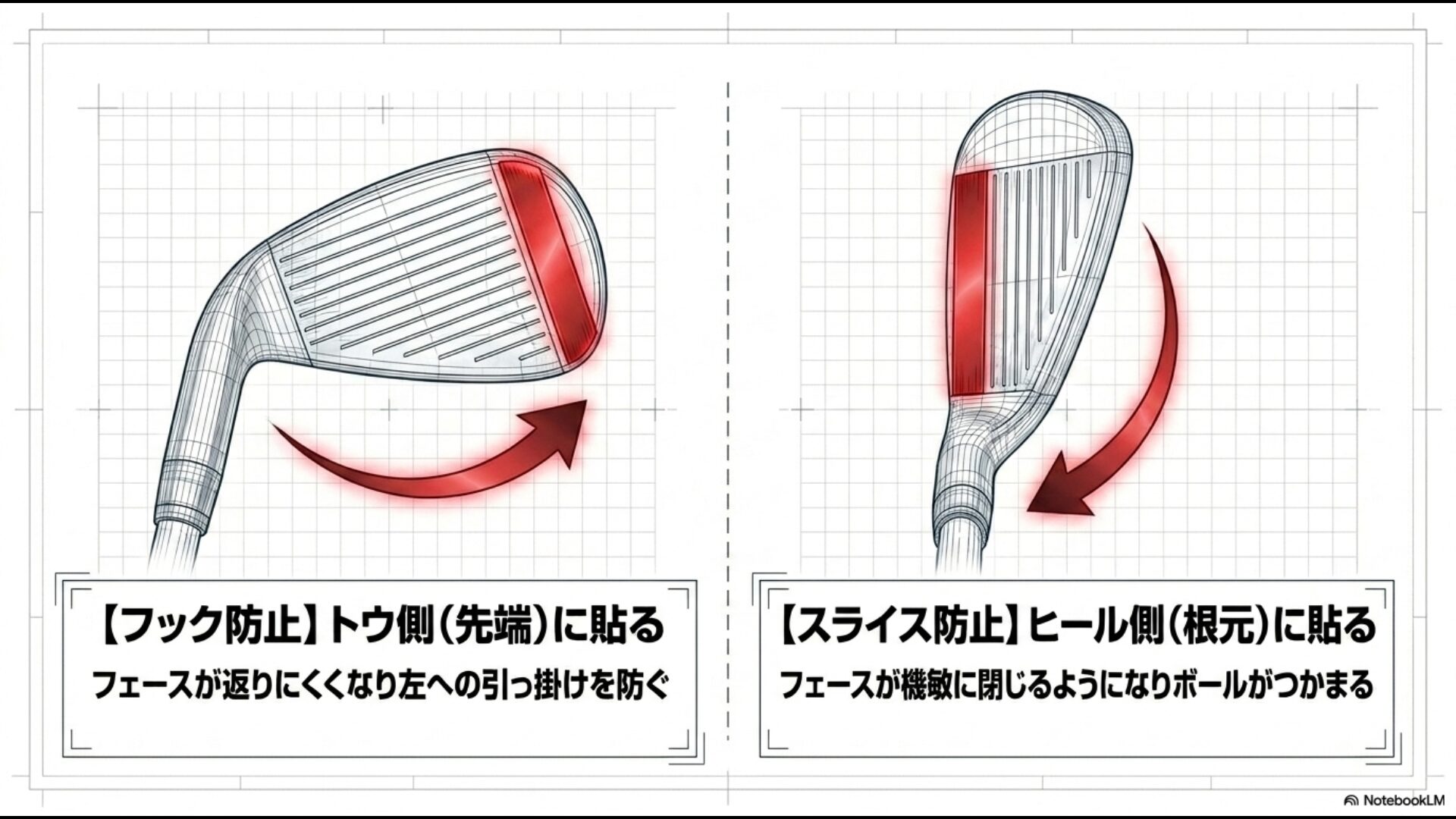 フック防止はトウ側に、スライス防止はヒール側に鉛を貼る効果の図解