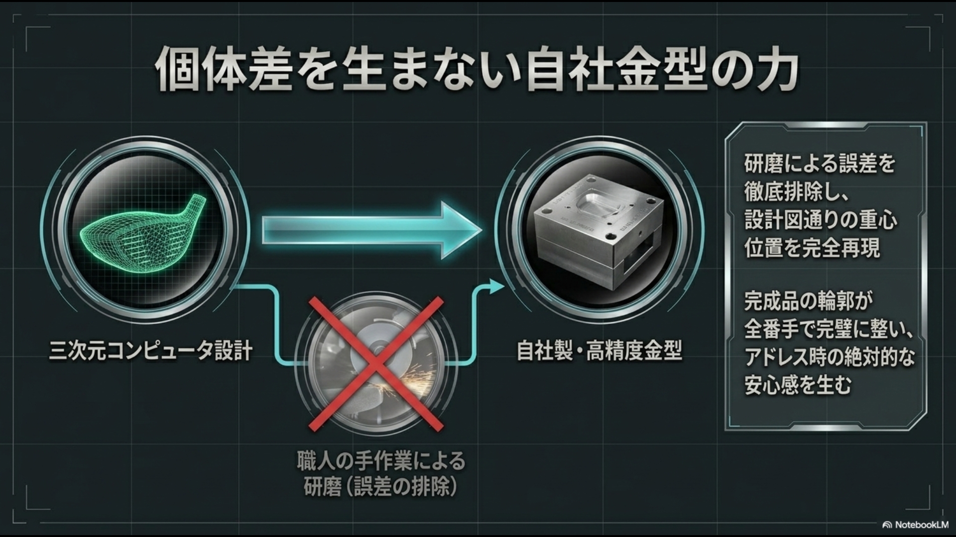 三次元コンピュータ設計から自社製金型へ直接つなげる製造工程図。職人の手作業による研磨誤差を排除し設計通りの重心位置を再現。