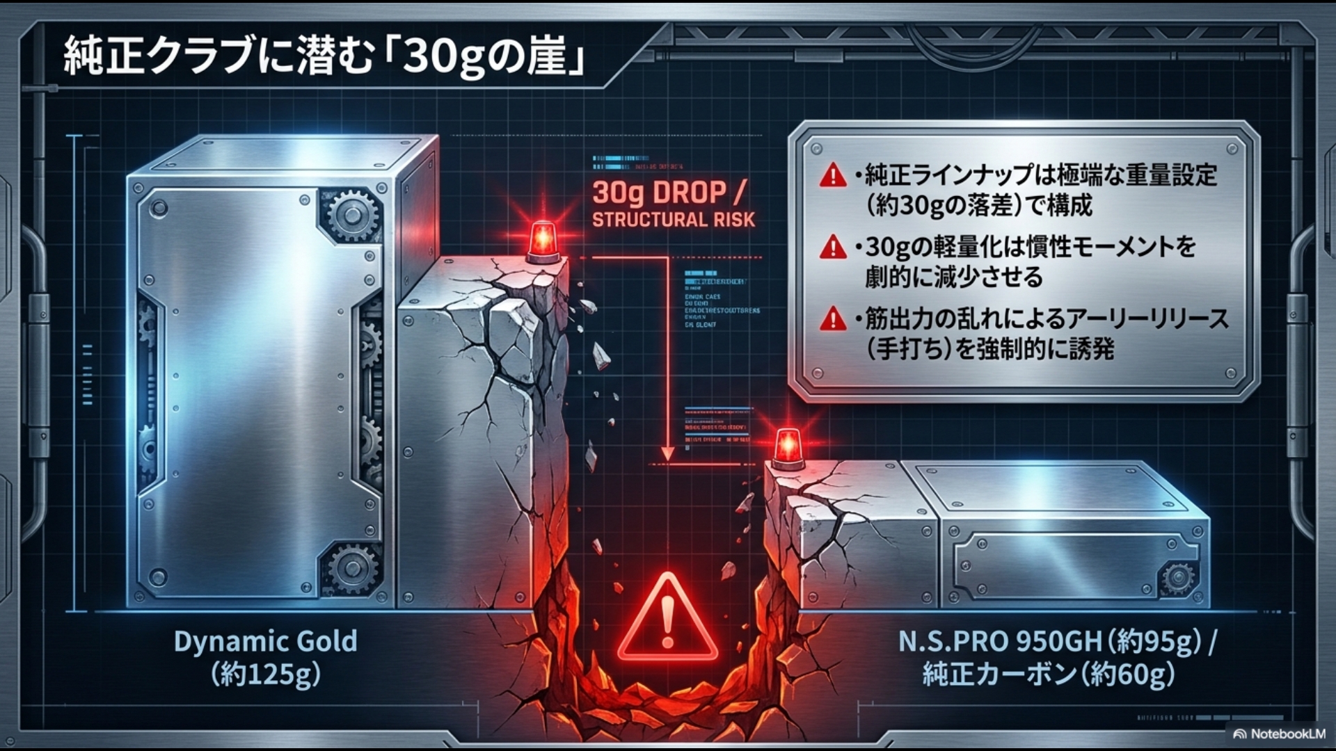 ダイナミックゴールドとN.S.PRO 950GHの間に存在する30gの極端な重量落差を示す図