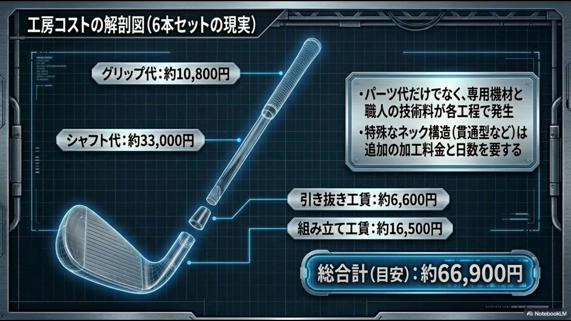 6本セットのアイアンをリシャフトする際のパーツ代と各種工賃の総額シミュレーション内訳