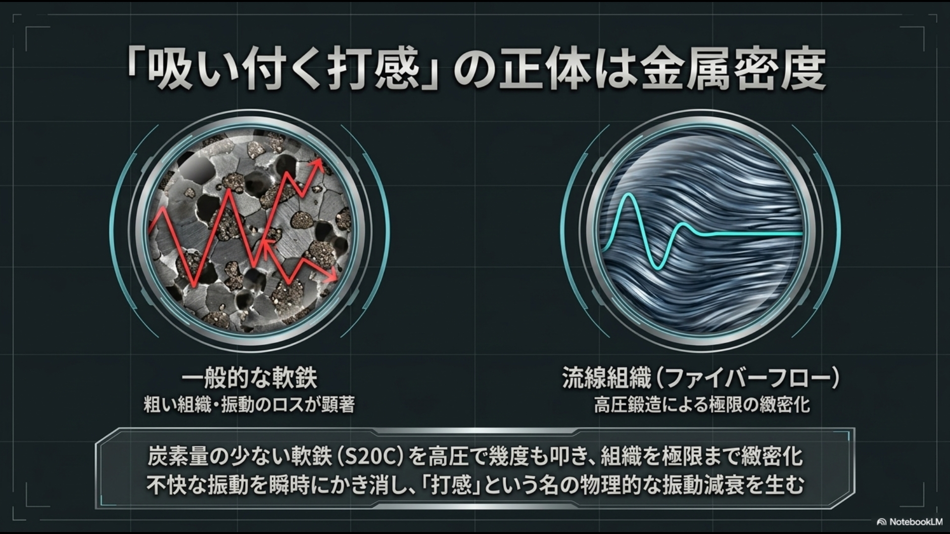 一般的な軟鉄と遠藤製作所の高圧鍛造による流線組織（ファイバーフロー）の比較。金属密度の緻密化が物理的な振動減衰を生む仕組み。