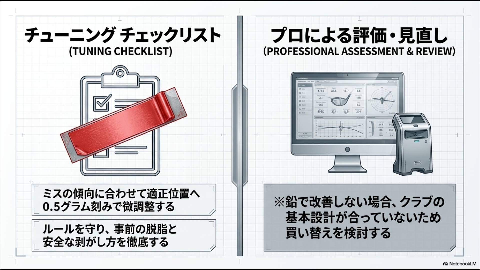鉛チューニングのチェックリストと、改善しない場合はクラブの買い替えを検討する案内図