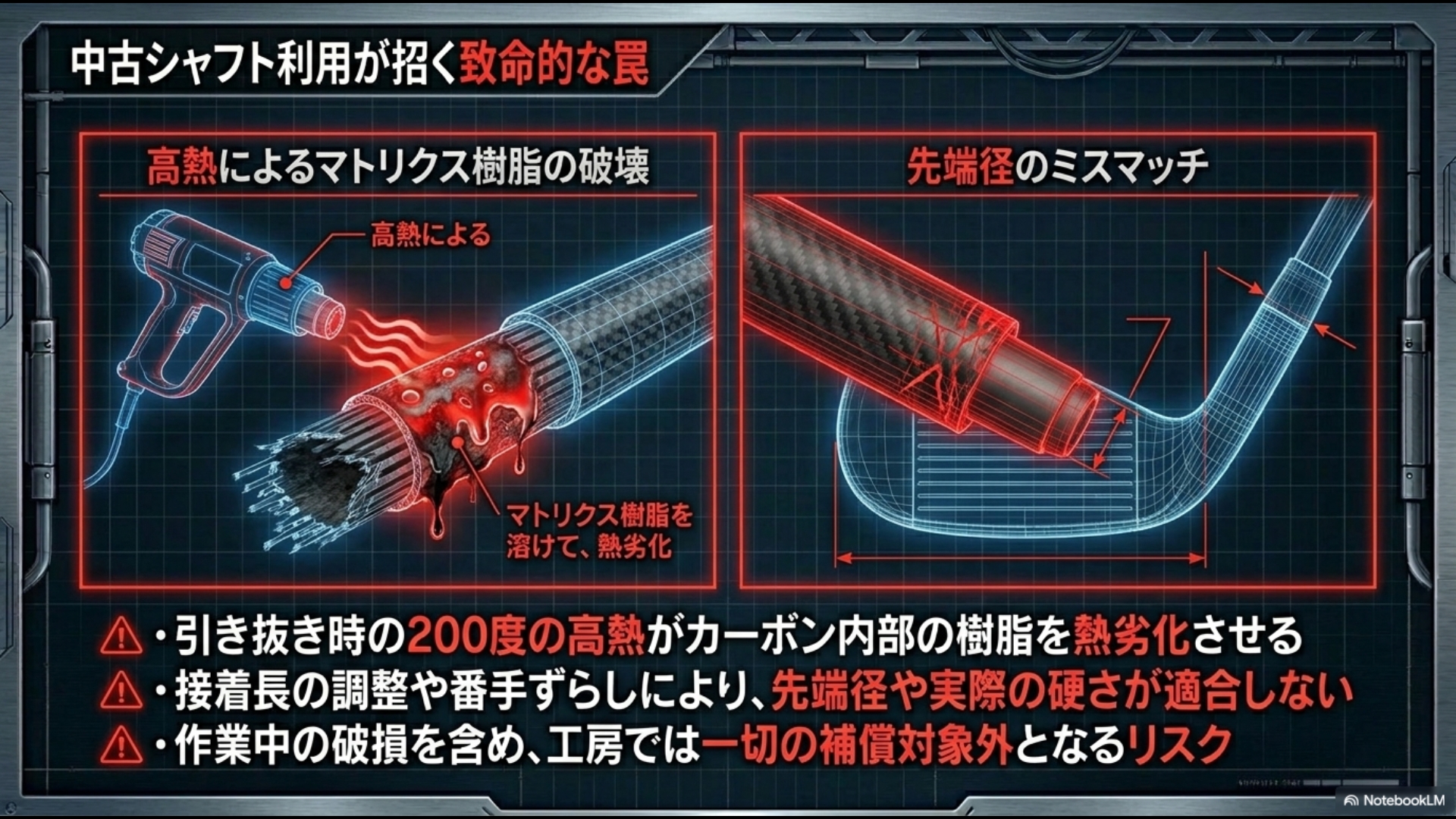 高熱によるマトリクス樹脂の熱劣化と先端径のミスマッチなど中古シャフトのリスク