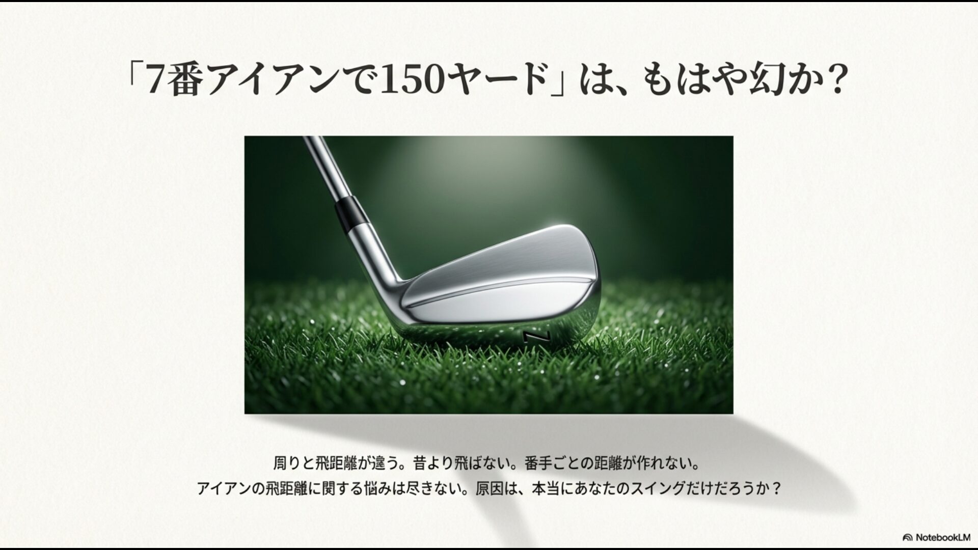 7番アイアンの飛距離に関する悩みと、それがスイングのせいだけではないことを問いかけるスライド画像