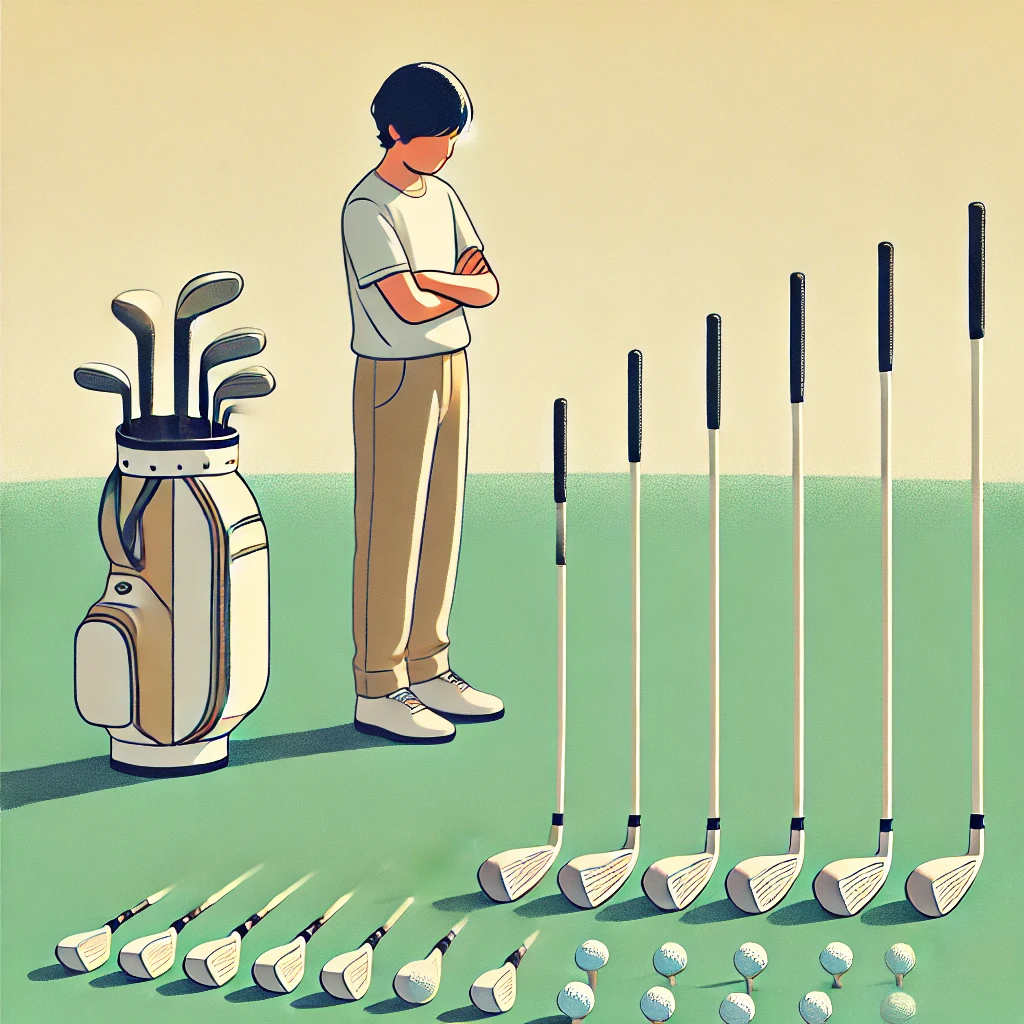 A-minimalist-illustration-of-a-Japanese-golfer-organizing-a-golf-club-set-by-distance-gaps-on-a-practice-field.-Clubs-including-irons-hybrids-and-a-.webp
