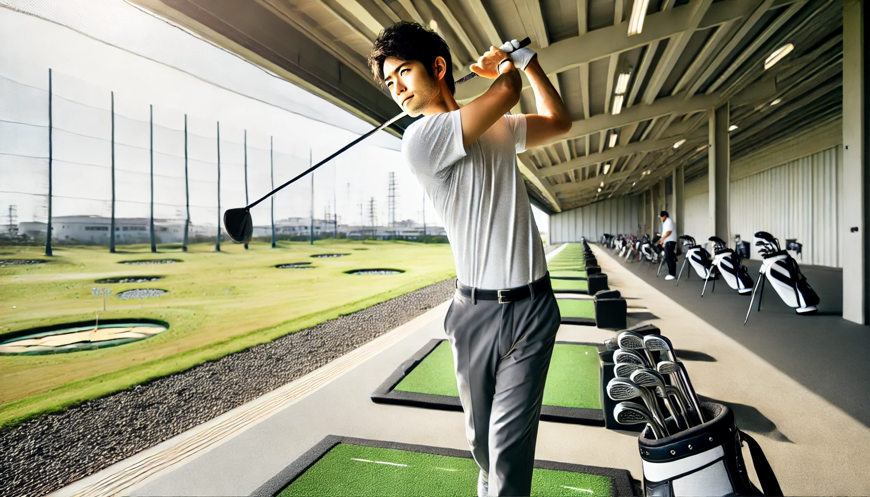 晴天の中、近代的なゴルフ練習場で、打ち出し角を意識しながらスイングする日本人ゴルファー