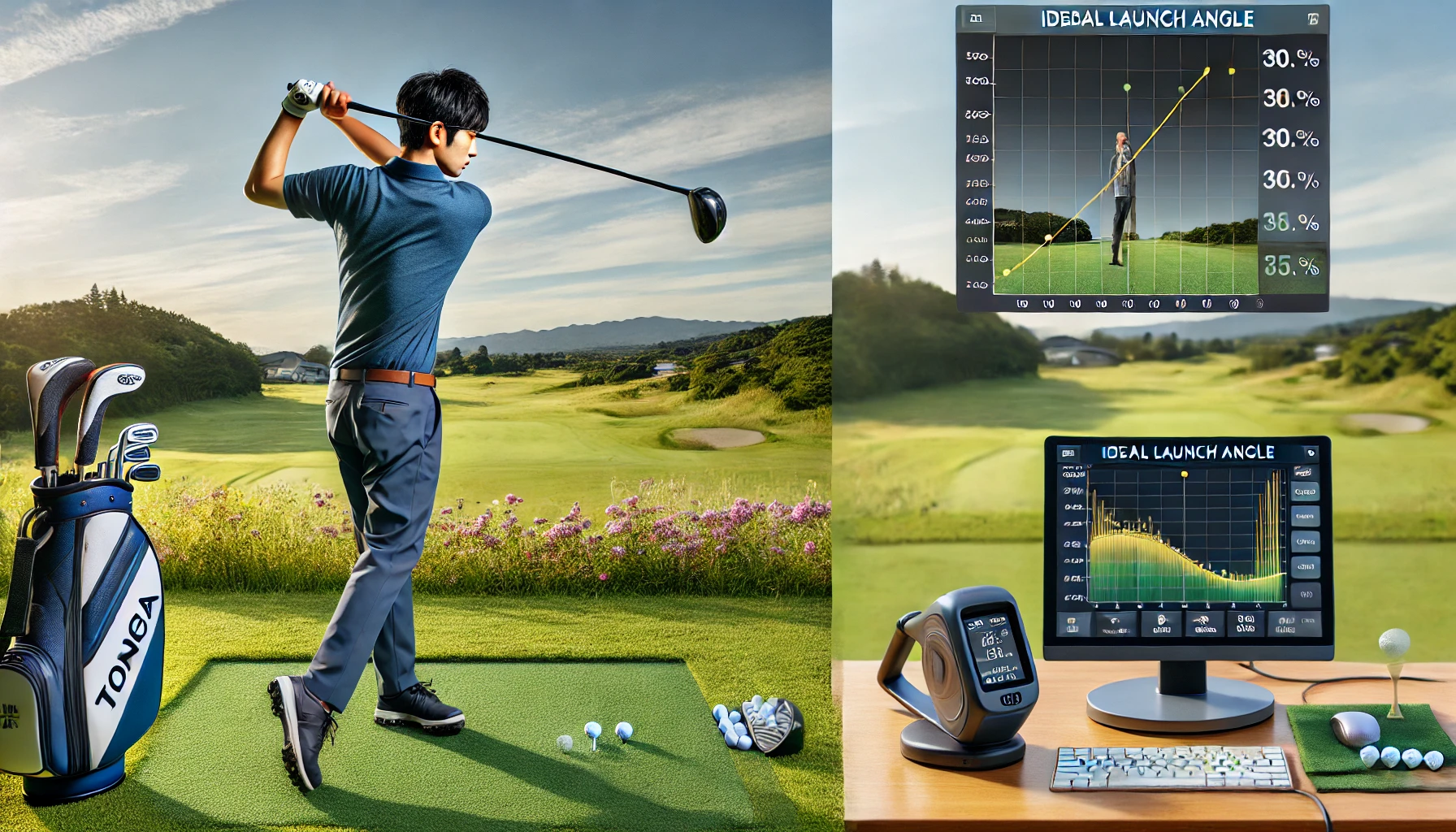 日本人ゴルファーがゴルフコース上で打ち出し角度を測定するため、地面に置いた計測機器(弾道測定器)を真剣に確認しているシーン