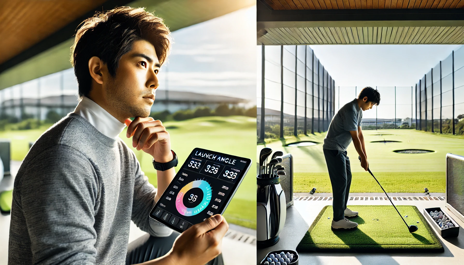日本人男性ゴルファーがゴルフ練習場で打ち出し角度のデータをタブレットで確認している様子。横には弾道測定器が設置され、練習環境は明るく整っている