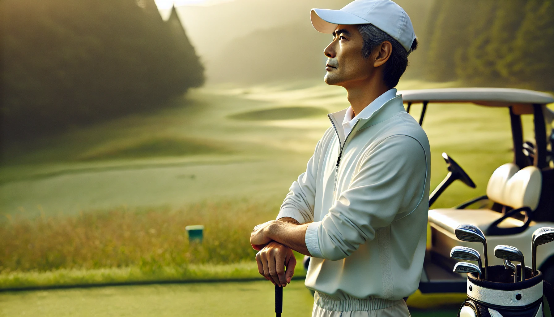 ゴルフコースのティーグラウンドで深呼吸しながら集中力を高めている日本人男性ゴルファー